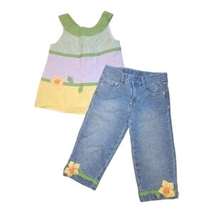 Gymboree Green Yellow Purple Stripe Top with Denim Capri Set